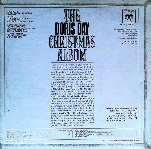 Image of Back Cover of 4815280C: LP - DORIS DAY, The Doris Day Christmas Album (CBS; BPG 62712, UK 1966, Laminated Flipback Sleeve, Mono)   VG/VG
