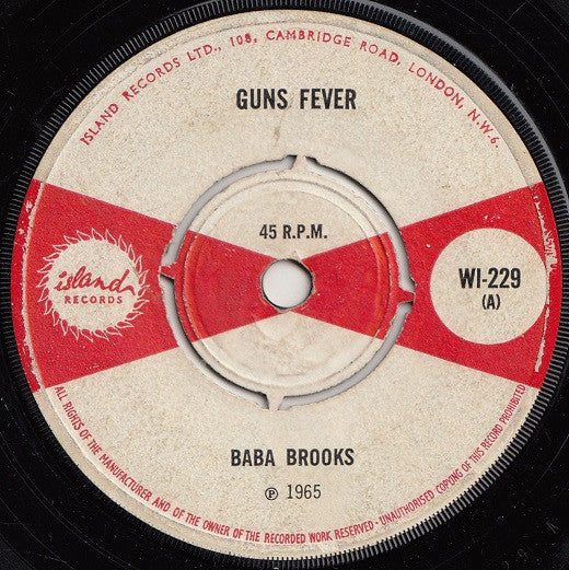 Image of Front Cover of 4815206C: 7" - BABA BROOKS / DOTTY & BONNY, Guns Fever / Don't Do It (Island Records; WI-229, UK 1965, Promo Only, 4-Prong Centre) Lots of light marks and scuffs, light background only. Centre intact.  /G+