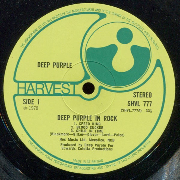 Image of Label Cover of 4845220S: LP - DEEP PURPLE, Deep Purple In Rock (Harvest Green, Gramophone Co On Rim, No EMI Box; SHVL777, UK 1970, Laminated Gatefold Sleeve, Variant 1 First Pressing With A1/B1 Matrix, No EMI Box On Label)   VG/G