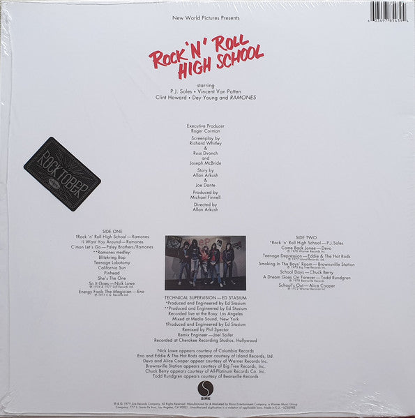 Image of Back Cover of 4845230S: LP - VARIOUS, Rock 'N' Roll High School (Music From The Original Motion Picture Soundtrack) (Sire; RCV1 6070, US 2019 Reissue, Fire Coloured Vinyl) Opened Instore, Still In Stickered Shrinkwrap  EX/EX