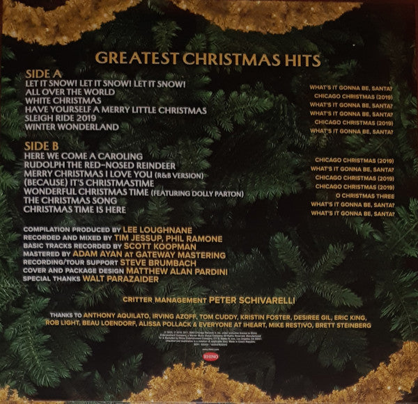 Image of Back Cover of 4845255S: LP - CHICAGO, Greatest Christmas Hits (Rhino Records; RCV5 72553, Worldwide 2023, Green Vinyl) Opened Instore, Still In Stickered Shrinkwrap  EX/EX