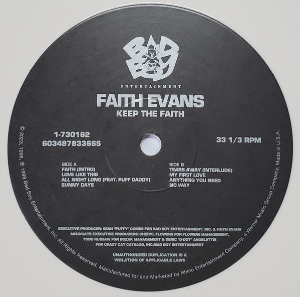 Image of Label Cover of 4815431C: 2xLP - FAITH EVANS, Keep The Faith (Bad Boy Entertainment; 1-730162 / 603497833665, Europe 2023 Reissue, Insert, Black & White Vinyl) Record has light paper / storage scuffs on it. Hype stickered shrink  VG+/VG+