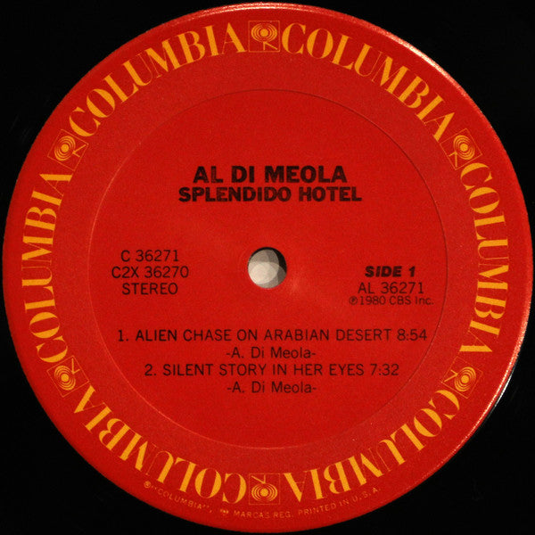 Image of Label Cover of 2xLP - VG/G+ - AL DI MEOLA, Splendido Hotel (Columbia; C2X 36270, US 1980, Gatefold, Stereo), Rim text on labels blacked out (likely import related). Records have some marks and scuffs,  - 4815433C