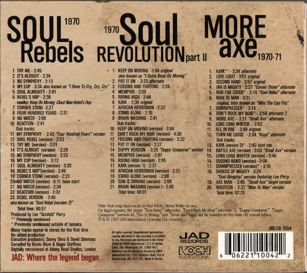Image of Back Cover of 4855403S: 3xCD - BOB MARLEY & THE WAILERS, The Complete Bob Marley & The Wailers 1967 To 1972 Part II (JAD Records ; JAD-CD-1004, Canada , Booklet)   VG+/VG+