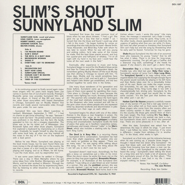 Image of Back Cover of LP - VG/VG+ - SUNNYLAND SLIM, Slim's Shout (Dol ; DOL1507, Europe 2014 Reissue, 180 Gram Vinyl), Corner creases, still in opened shrinkwrap,  - 2946277S