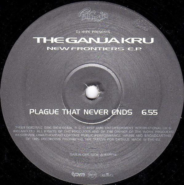 Image of Label Cover of 4915002C: 3x12" - DJ HYPE PRESENTS... THE GANJA KRU, New Frontiers E.P. (Parousia; 74321-50107 1, UK 1997, Picture Sleeve) Sleeve has creasing and tape holding together the top side, light sticker damage in top right hand side.  G+/VG