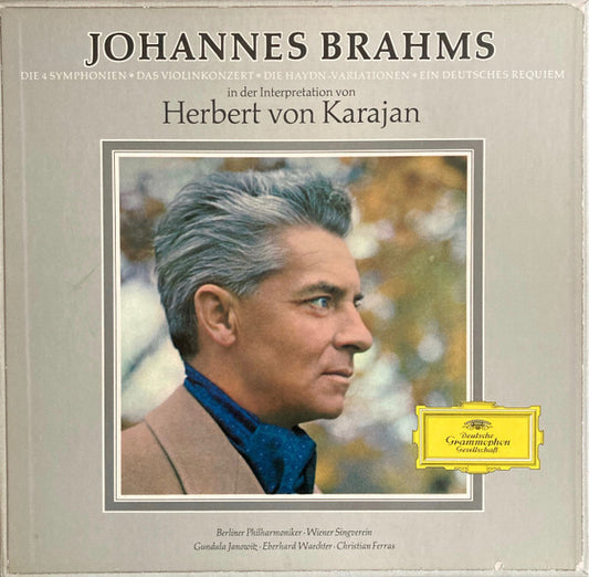 Image of Front Cover of 4625322E: 7xLP - HERBERT VON KARAJAN, BERLINER PHILHARMONIKER, WIENER SINGVEREIN, GUNDULA JANOWITZ, EBERHARD WAECHTER,CHRISTIAN FERRAS, Brahms: Die 4 Symphonien � Das Violinkonzert � Die Haydn-Variationen � Ein Deutsches Requiem (Deutsche Grammophon; SKL 133/139, Germany 1964, Box Set, Booklet)   VG+/VG+
