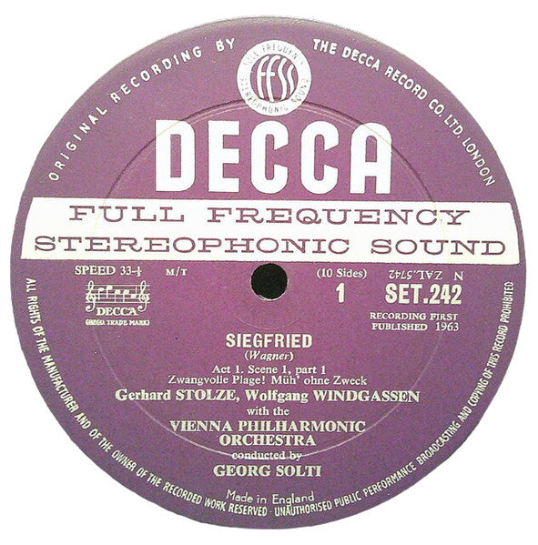 Image of Label Cover of 4625324E: 5xLP - GEORG SOLTI, WIENER PHILHARMONIKER, BIRGIT NILSSON, Wagner: Siegfried (Decca Purple Unboxed Wideband - Original Recording at 11 O'Clock - Grooved ED1; SET 242-6, UK 1965, Box Set, Booklet)   VG+/VG+
