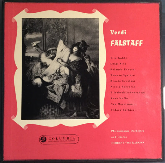 Image of Front Cover of 4625325E: 3xLP - HERBERT VON KARAJAN, PHILHARMONIA ORCHESTRA AND CHORUS, Verdi: Falstaff (Columbia Red With Dark Semi Circle Notes Logo; SAX 2254-2256, UK 1964, Box Set, Booklet & Insert)   VG+/VG+
