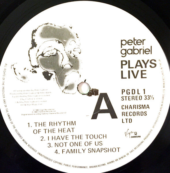 Image of Label Cover of 2xLP - VG/VG+ - PETER GABRIEL, Plays Live (Charisma; PGDL 1, UK 1980s Reissue), ,  - 2626147E