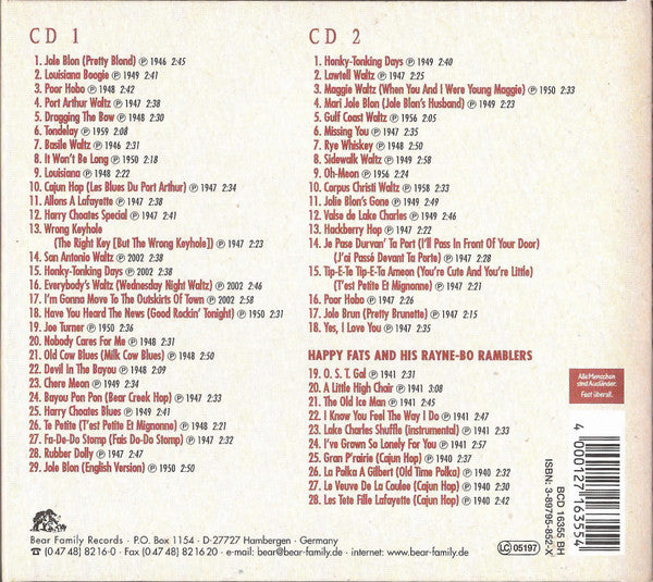 Image of Back Cover of 4935024E: 2xCD - HARRY CHOATES, Devil In The Bayou (The Gold Star Recordings) (Bear Family Records; BCD 16355 BH, Germany 2002, Double Digipak, Booklet)   VG+/VG+