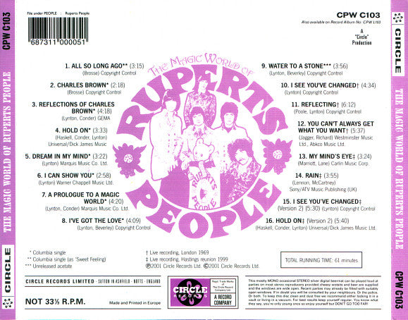 Image of Back Cover of CD - VG+/VG - RUPERTS PEOPLE, The Magic World Of Ruperts People (Circle Records; CPW C103, UK 2001, Jewel Case), ,  - 4416644C