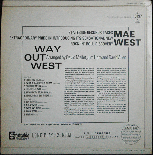 Image of Back Cover of 4925065E: LP - MAE WEST, Way Out West (Stateside; SL 10197, UK 1966, Laminated Flipback Sleeve, Stereo)   VG+/VG