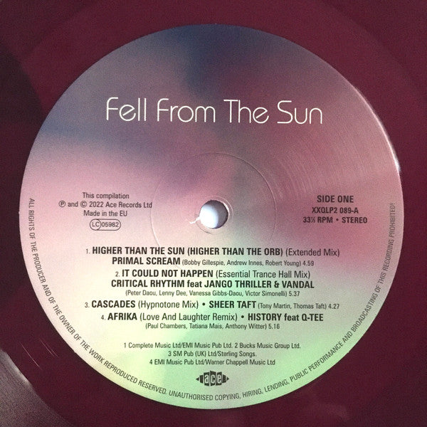 Image of Label Cover of 4825284E: 2xLP - BOB STANLEY AND PETE WIGGS, Fell From The Sun (Downtempo And After Hours 1990-91) (Ace; XXQLP2 089, UK 2022, Gatefold, Magenta Vinyl, Limited Edition of 500) Sleeve Creased  VG/EX