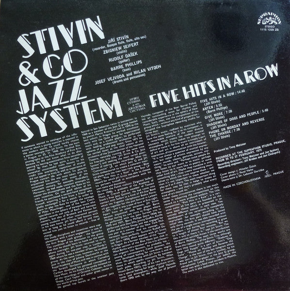 Image of Back Cover of LP - VG+/VG+ - STIV N & CO JAZZ SYSTEM, Five Hits In A Row (Supraphon ; 1115 1229, Czechoslovakia 1986 Reissue, Laminated Sleeve), ,  - 4825275E