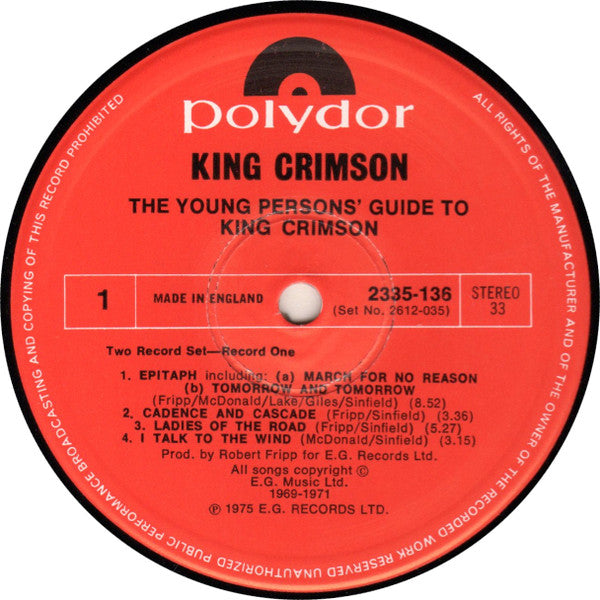 Image of Label Cover of 4945107S: 2xLP - KING CRIMSON, The Young Persons' Guide To King Crimson (Polydor; 2612 035, UK , Gatefold, Booklet, Stereo) Sticker Damage To Sleeve, Edge Wear  VG/VG+