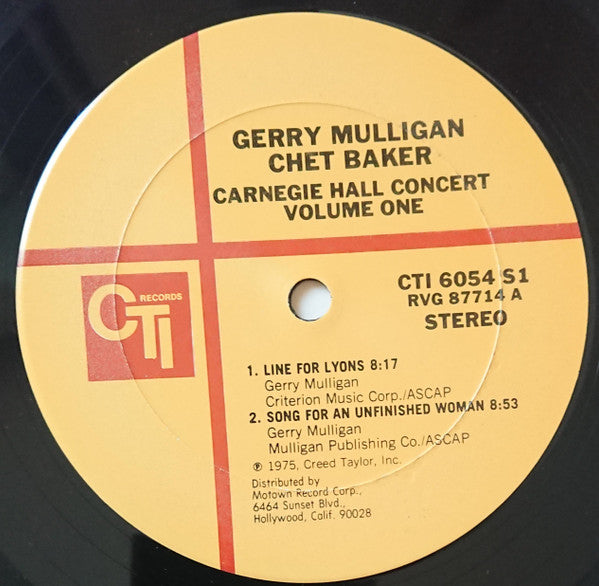 Image of Label Cover of 4925110E: LP - GERRY MULLIGAN / CHET BAKER, Carnegie Hall Concert Volume 1 (CTI Records; CTI 6054 S1, US 1975)   VG/VG+