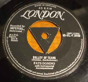 Image of Front Cover of 4955059S: 7" - FATS DOMINO, Valley Of Tears / It's You I Love (London Records; 45-HL-P.8449, UK 1957, Company Sleeve)   VG+/VG+