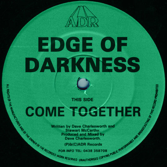 Image of Front Cover of 12" - /G+ - EDGE OF DARKNESS, Come Together (ADR; ADR 003, UK 1992, Plain Sleeve, Rare stone cold classic Jungle trip. Single sided.), Many surface marks, but plays VG/VG+.,  - 2846282S