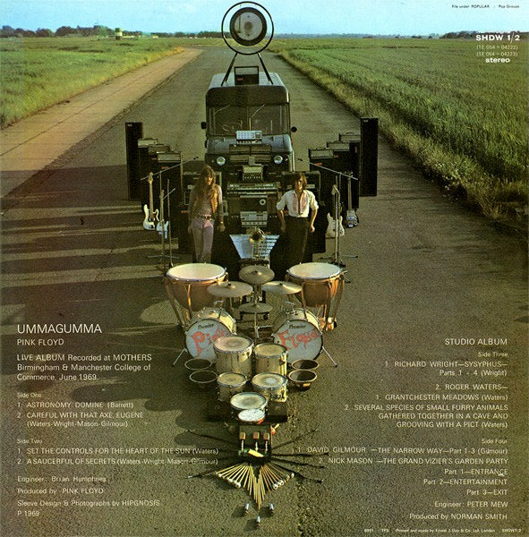 Image of Back Cover of 2xLP - VG+/VG+ - PINK FLOYD, Ummagumma (Harvest Green - Gramophone Co On Label Rim, No Boxed EMI; SHDW 1/2, UK 1969, Laminated Gatefold, 2 Harvest Inners, Correct Spelling on D-Side ), , A few of the lightest hairlines scattered over the 4 sides. Amazing condition. - 3226079E