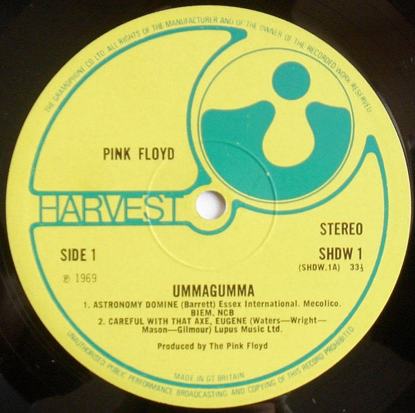 Image of Label Cover of 2xLP - VG+/VG+ - PINK FLOYD, Ummagumma (Harvest Green - Gramophone Co On Label Rim, No Boxed EMI; SHDW 1/2, UK 1969, Laminated Gatefold, 2 Harvest Inners, Correct Spelling on D-Side ), , A few of the lightest hairlines scattered over the 4 sides. Amazing condition. - 3226079E