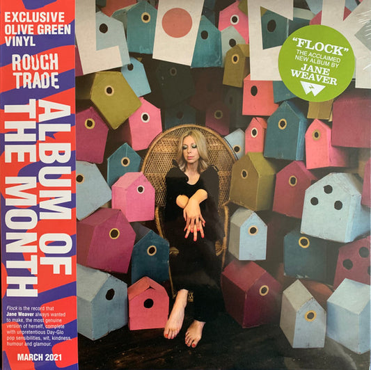 Image of Front Cover of 4925226E: LP - JANE WEAVER, Flock (Fire Records; FIRELP544, UK 2021, Postcard, Poster, Olive Green Vinyl, No CD, With Obi) Water Damage To Poster, Small Press Flaw  VG+/VG+
