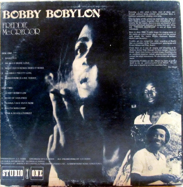 Image of Back Cover of 4915206C: LP - FREDDIE MCGREGOR, Bobby Bobylon (Studio One; none, Jamaica Reissue) Edge and ring wear to sleeve. Lots of light marks to disc, plays with light surface noise.  VG/G