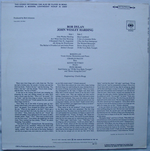 Image of Back Cover of 4945196S: LP - BOB DYLAN, John Wesley Harding (CBS; 63252, Portugal 1979 Reissue, Glossy Sleeve)   VG/VG