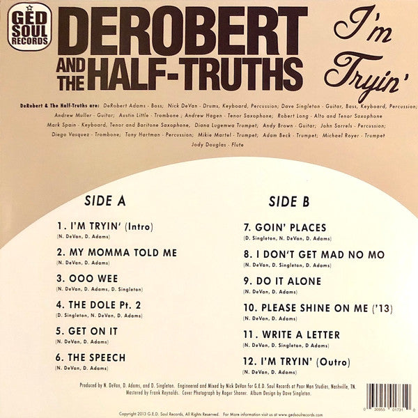 Image of Back Cover of 4945200S: LP - DEROBERT & THE HALF-TRUTHS, I'm Tryin' (G.E.D. Soul Records; GED-1006, US 2014, Maroon Marbled Vinyl)   VG+/VG+