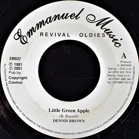 Image of Front Cover of 7" - /VG+ - DENNIS BROWN, Little Green Apple / I Love You Madly (Emmanuel Music; EM032, UK 2001 Reissue), ,  - 2826142E