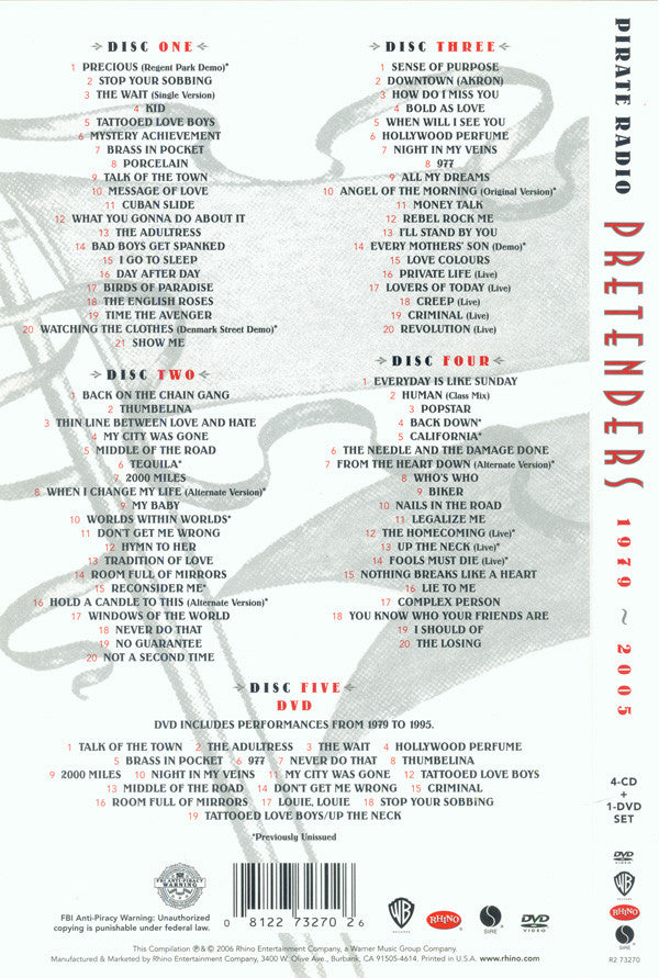 Image of Back Cover of 4955099S: 4xCD - PRETENDERS*, Pirate Radio 1979 ~ 2005 (Real Records; R2 73270, US 2006) Light Marks only.  VG+/VG+