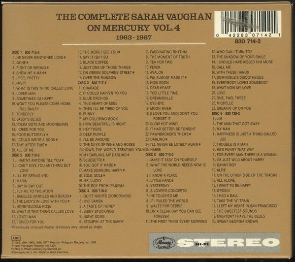 Image of Back Cover of 6xCD - VG/VG - SARAH VAUGHAN, The Complete Sarah Vaughan On Mercury Vol. 4 1963-1967 (Mercury; 830 714-2, Germany 1987, Slipcase, Booklet), Drill hole through barcode,  - 4915247C