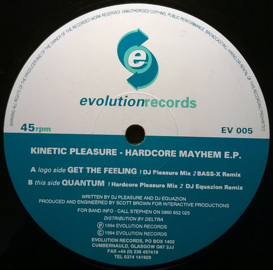 Image of Front Cover of 4945203S: 12" EP - KINETIC PLEASURE, Hardcore Mayhem E.P. (Evolution Records; EV 005, UK 1994, Plain Sleeve) Hairlines all over disc, nothing deep.  /G
