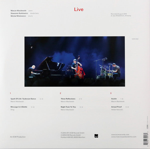 Image of Back Cover of 4915259C: 2xLP - MARCIN WASILEWSKI TRIO, Live (ECM Records; ECM 2592, Germany 2018, Gatefold, Disc Two Single Sided)   VG/VG+