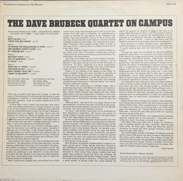 Image of Back Cover of 4925253E: 2xLP - THE DAVE BRUBECK QUARTET, Brubeck On Campus (Columbia; KG 31298, US 1972, Gatefold)   VG/VG+