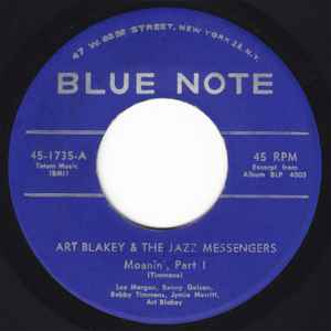 Image of Front Cover of 4955232S: 7" - ART BLAKEY & THE JAZZ MESSENGERS, Moanin' (Blue Note; 45-1735, US 1958)   /VG+