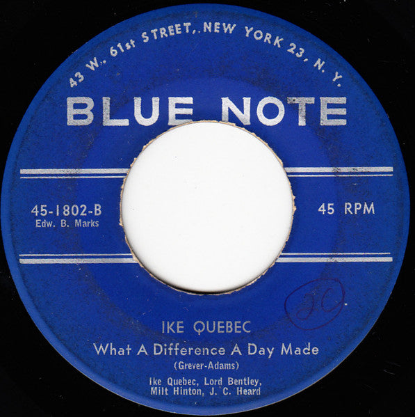 Image of Back Cover of 4955226S: 7" - IKE QUEBEC, I've Got The World On A String / What A Difference A Day Made (Blue Note; 45-1802, US 1961)   /VG+