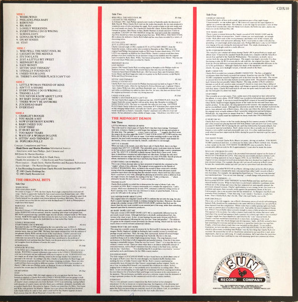 Image of Back Cover of 4925398E: 2xLP - CHARLIE RICH, Original Hits And Midnight Demos (Charly Records; CDX10, UK 1985, Gatefold, 2 Inners) Mottling, surface marks. Very small sticker damage on back of sleeve. Corner wear.  VG+/VG