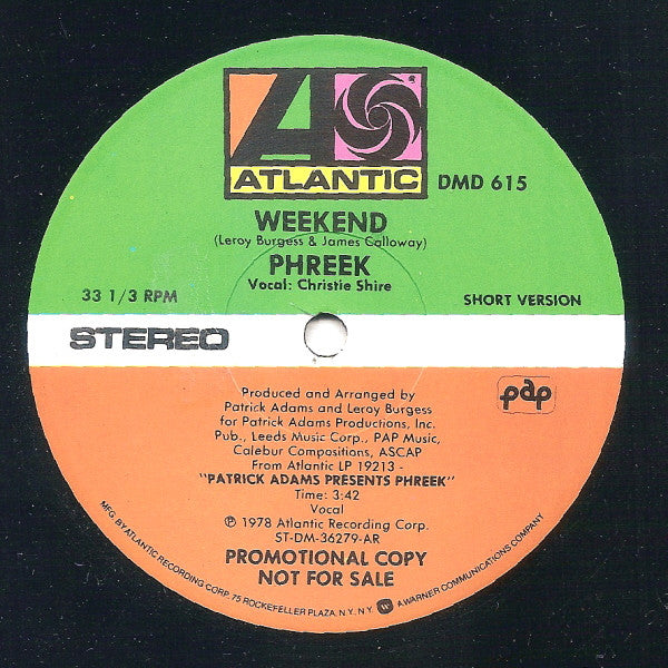 Image of Back Cover of 4925413E: 12" - PHREEK, Weekend (Atlantic; DMD 615, US 1983, Company Sleeve, Inner) Strong VG  VG/VG