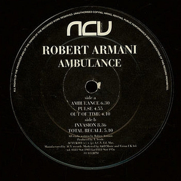 Image of Back Cover of 4925418E: 12" - ROBERT ARMANI, Ambulance (ACV; ACVUK001, UK 1996, Plain Sleeve) Light Marks only.  /G+