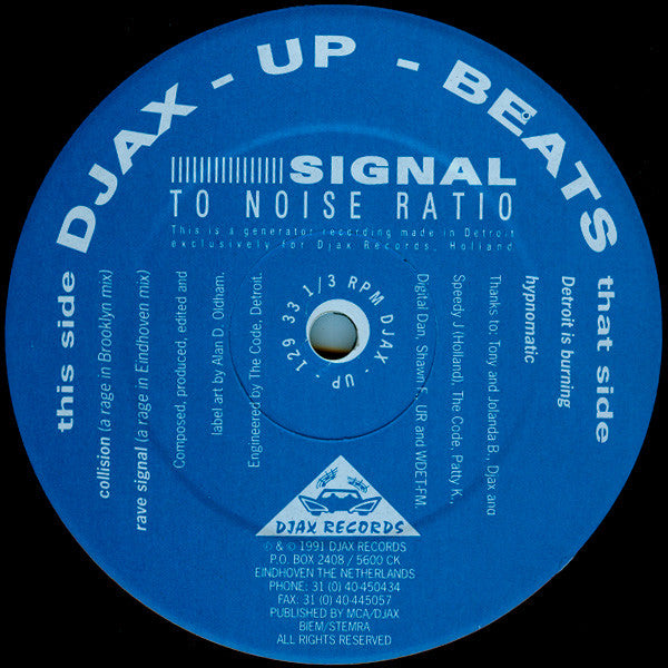 Image of Front Cover of 4925419E: 12" - SIGNAL TO NOISE RATIO, Detroit Is Burning (Djax-Up-Beats; DJAX-UP-129, Netherlands 1991, Plain Sleeve) Light Marks only.  /VG