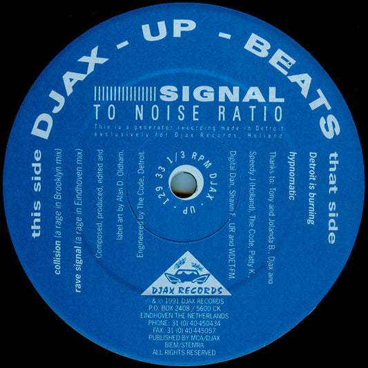 Image of Front Cover of 4925419E: 12" - SIGNAL TO NOISE RATIO, Detroit Is Burning (Djax-Up-Beats; DJAX-UP-129, Netherlands 1991, Plain Sleeve) Light Marks only.  /VG