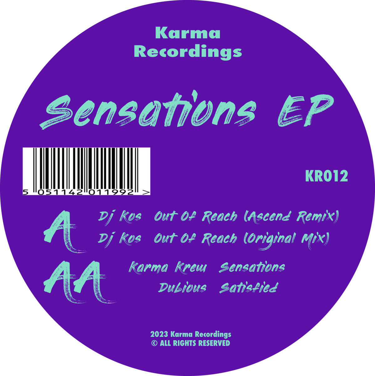 Image of Front Cover of 4925438E: 12" - DJ KOS, Sensations EP (Karma Recordings; KR012, UK 2023, Plain Sleeve)   /VG+