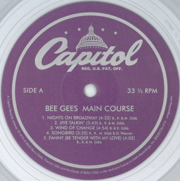 Image of Label Cover of 5045003S: LP - BEE GEES, Main Course (Capitol Records; B0030706-01, Europe 2020 Reissue, Inner, Clear [Whitewater] Vinyl)   VG+/VG+