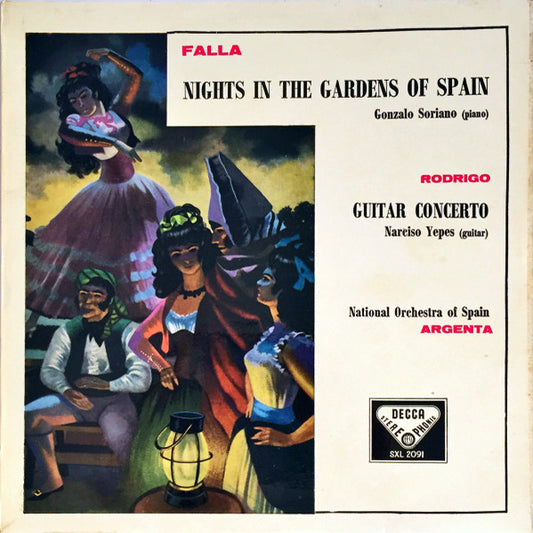 Image of Front Cover of 5025053E: LP - ARTAULFO ARGENTA, GONZALO SORIANO, NARCISO YEPES, NATIONAL ORCHESTRA OF SPAIN, Falla: Nights In The Gardens Of Spain / Rodrigo: Guitar Concerto (Decca Black Unboxed Wideband - Made In England at 11 O'Clock - No Groove ED3; SXL 2091, UK 1969 Reissue, Laminated Front Sleeve, ED3) Minor Surface Noise  VG/VG