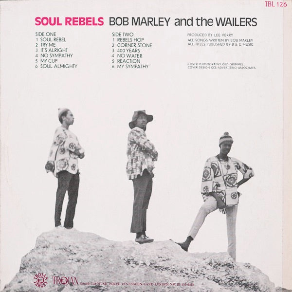 Image of Back Cover of 5015125C: LP - BOB MARLEY & THE WAILERS, Soul Rebels (Upsetter; TBL 126, Jamaica 1970, Laminated Front Sleeve) Conservative grading! Track B1 shows heavy marks, loud pops. Sounds very strong VG otherwise, great shine. Storage warp. Clean labels. Light creases, storage wear on sleeve, looks great.  VG/F