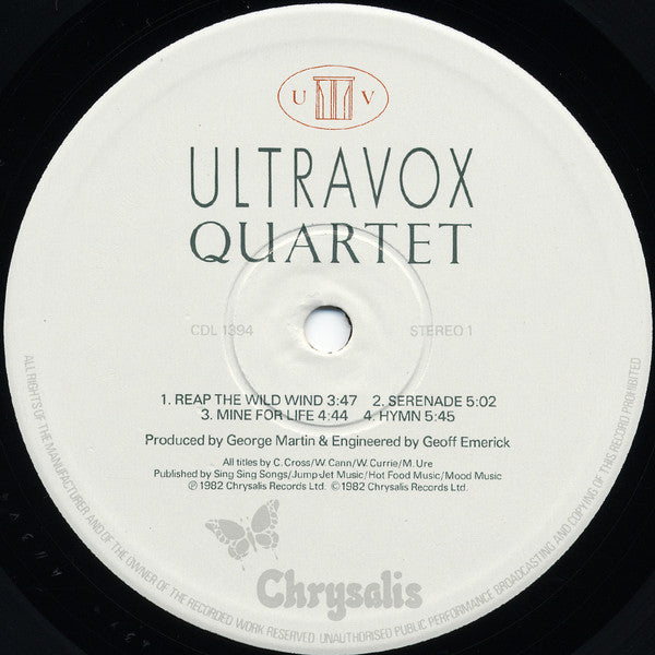 Image of Label Cover of LP - VG/VG - ULTRAVOX, Quartet (Chrysalis; CDL 1394, UK 1982, Stereo), ,  - 5045125S