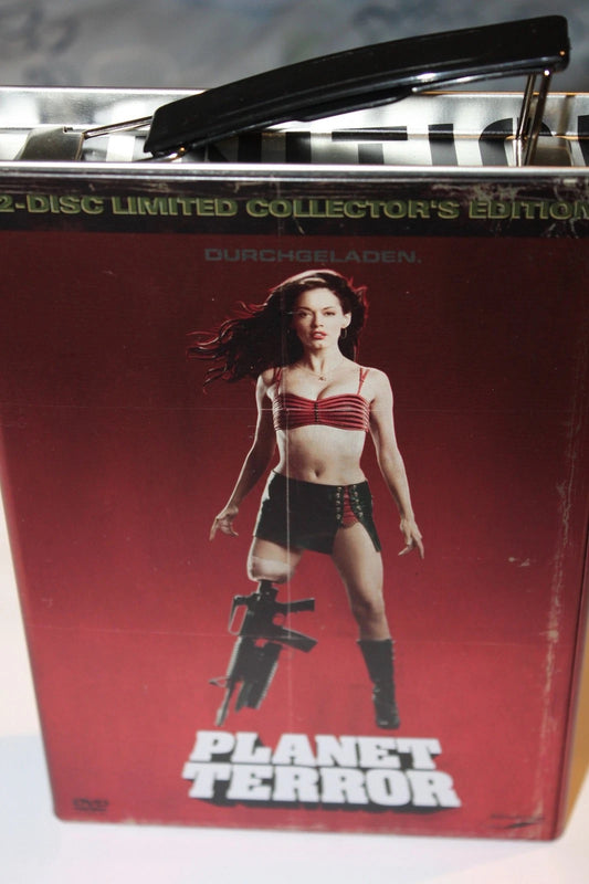 Image of Front Cover of 5035117E: 2xDVD - ROBERT RODRIGUEZ, Planet Terror (Senator; , Germany 2007, Steel Case, Limited Jerry Can/Double D Collector's Edition/English and German ) Couple of small   VG+/M