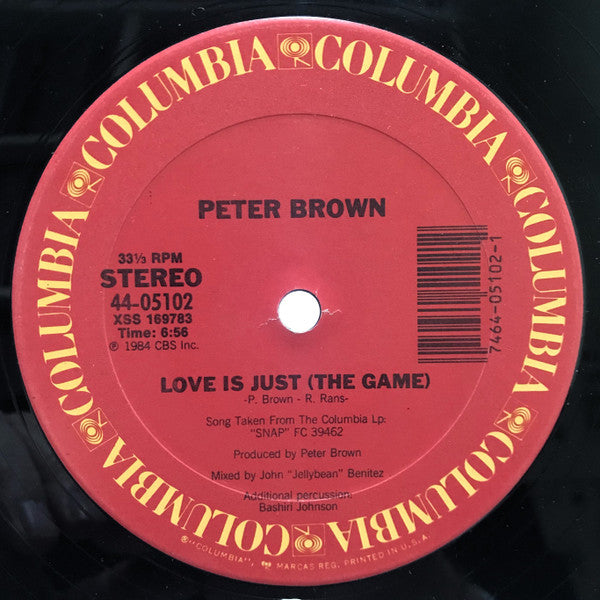 Image of Front Cover of 12" - /VG - PETER BROWN, Love Is Just (The Game) (Columbia; 44-05102, US 1984, Plain sleeve), Light marks. Plays well.,  - 5025136E