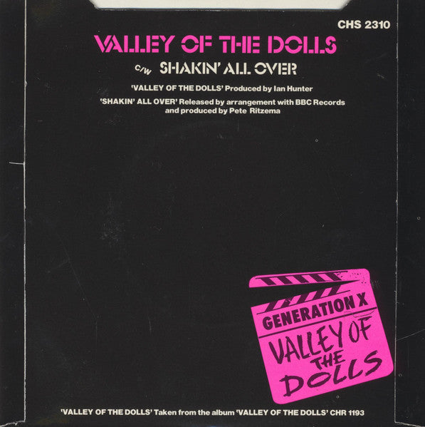 Image of Back Cover of 7" - VG/G+ - GENERATION X, Valley Of the Dolls / Shakin' All Over (Chrysalis; CHS 2310, UK 1979, Laminated Flipback Sleeve, Marbled Brown / Clear Vinyl), Edge and Ring Wear,  - 2526270E